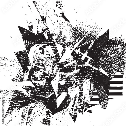 A fragmented portrait emerges from a chaotic textured black and white composition.