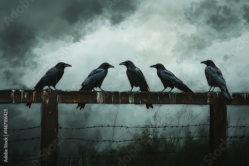 A group of six crows perched on a rustic fence against a dramatic stormy sky backdrop