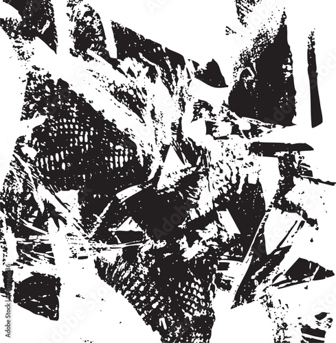Fragmented geometric shapes in stark black and white contrast.