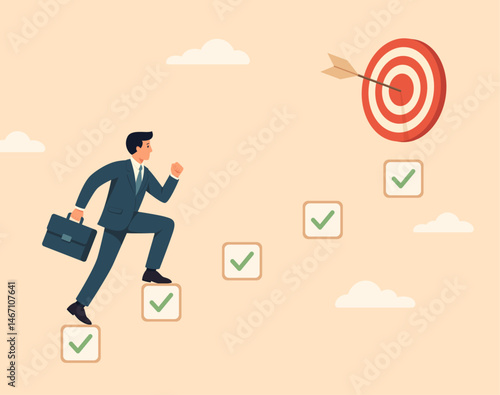 Personal development and motivation plan for career success and business goals achievement. Businessman climbs high up to the goal of completed tasks. Vector illustration.