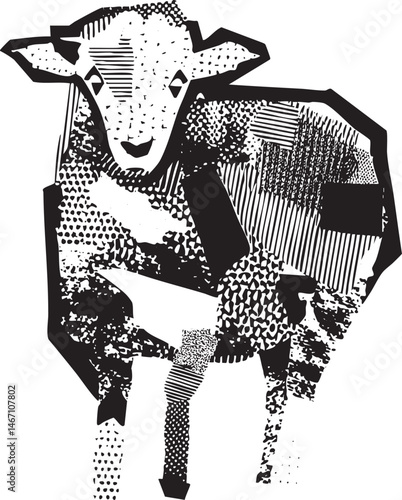 A stylized black and white sheep rests calmly.