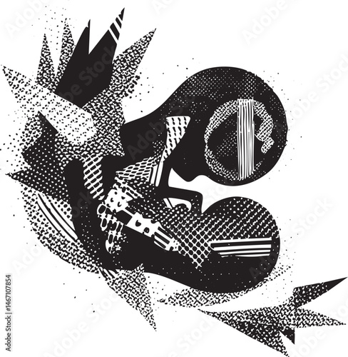 A stylized dark silhouette of a figure with outstretched arms and flowing lines.