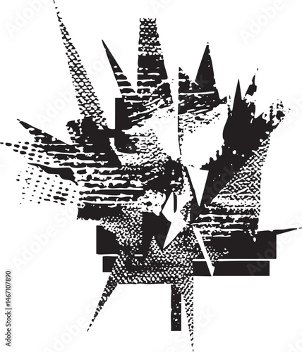 A stylized fragmented geometric form emerges from a textured base.