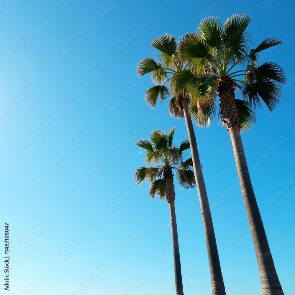 Fototapeta premium Tall palm trees against a clear blue sky over Santa Monica beach, ocean, santa monica, blue