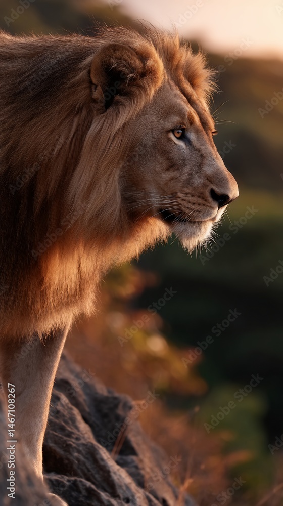 Naklejka premium Majestic lion atop a rock formation at golden hour