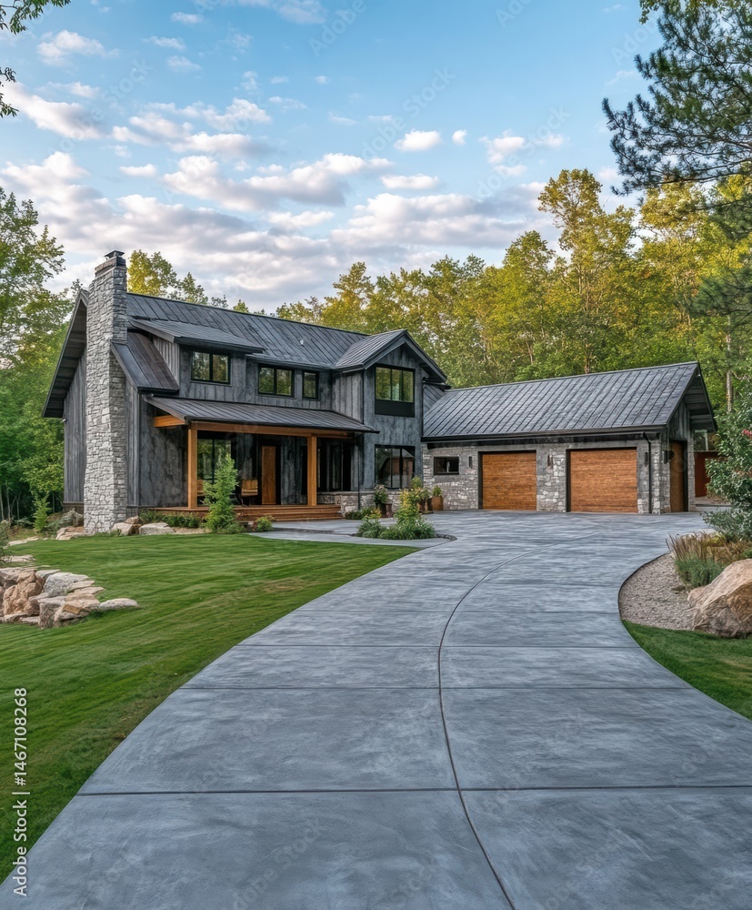 Obraz premium concrete driveway to custom home in rural area