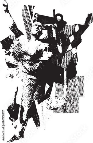 A fragmented textured figure emerges from a chaotic black and white composition.