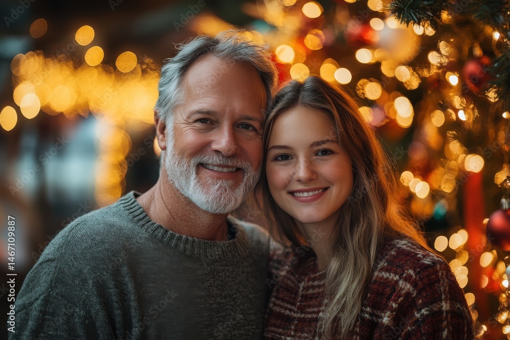 Smiling Stepfather and Teenage Daughter in Front of Festive Christmas Tree with Holiday Lights Smiling Stepfather and Teenage Daughter in Front of Festive Christmas Tree with Holiday Lights