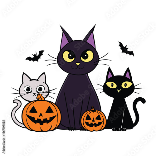 A spooky, enchanting scene where mysterious cats roam under the moonlit sky on Halloween, adding an eerie charm with glowing eyes and eerie purrs that haunt the night.
