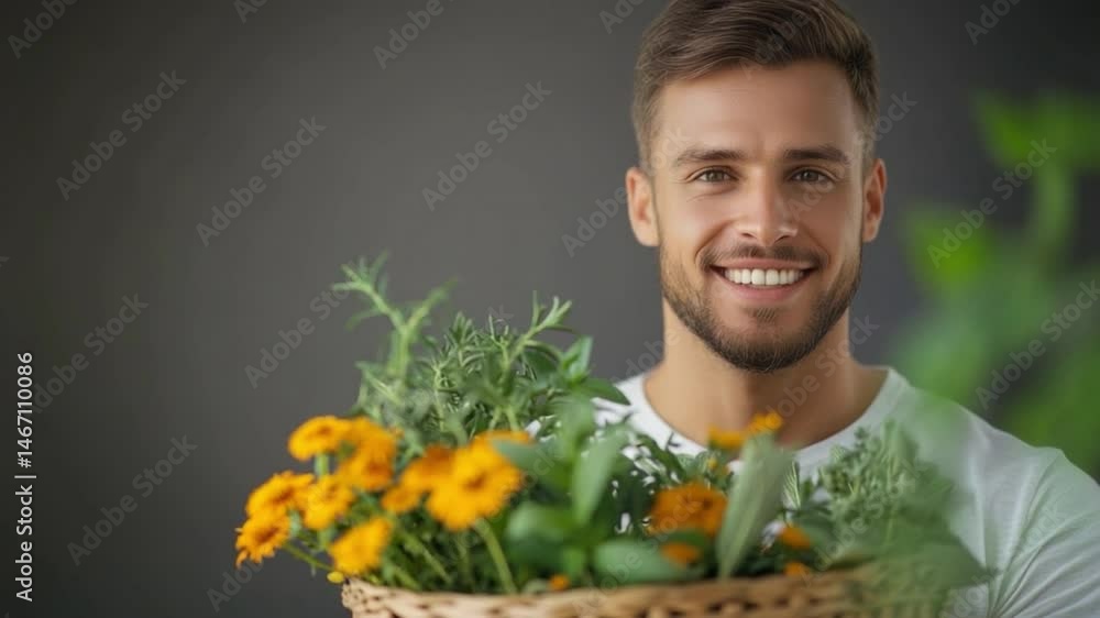 Smiling Gardener's Harvest: A friendly, bearded man holding a woven basket overflowing with vibrant herbs and blossoms. Smiling Gardener's Harvest: A friendly, bearded man holding a woven basket overflowing with vibrant herbs and blossoms.