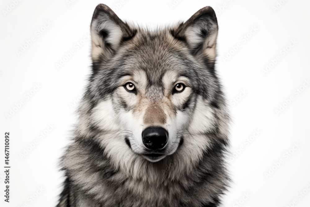 Obraz premium Majestic Grey Wolf Portrait Intense Gaze Wild Beauty Stunning Detail White Background