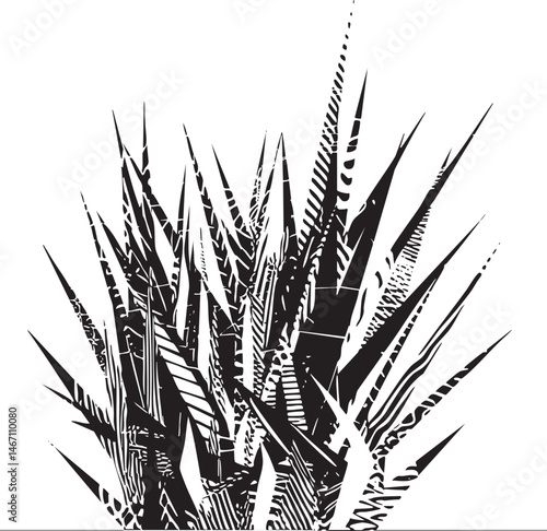 A dense cluster of sharply pointed stylized leaves forms a dramatic abstract composition.