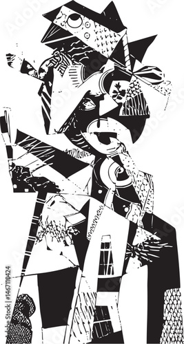 A stylized figure composed of angular black and white shapes forms a masked portrait.