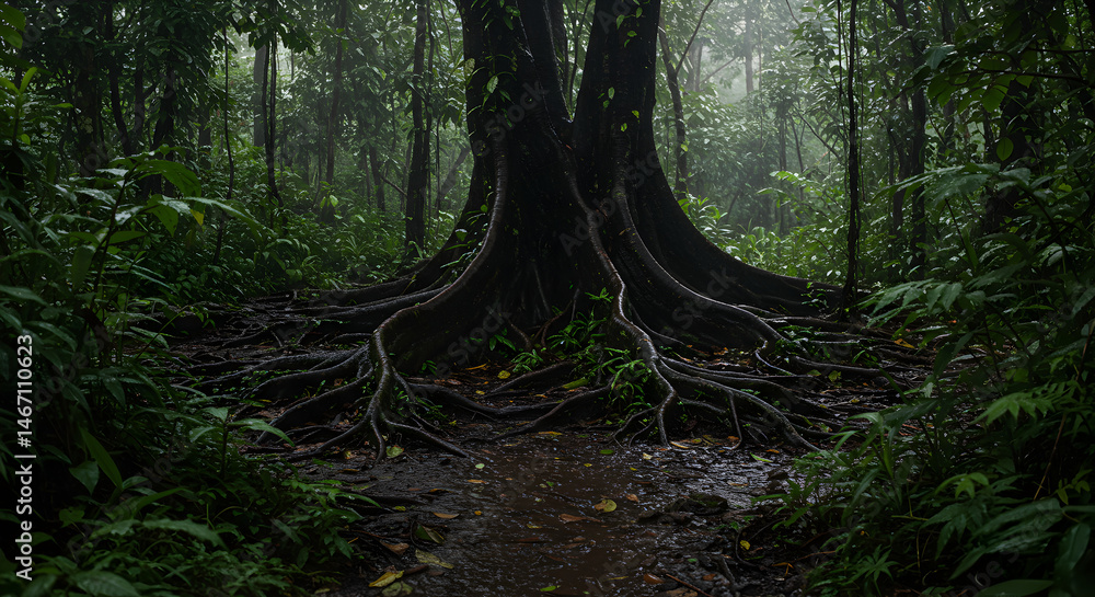 Fototapeta premium Mystical Roots Of Ancient Tree In Lush Rainforest Setting Outdoors