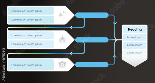 Modern AI Flowchart Infographic with Technology Icons and Data Pipeline Arrows on Dark Background for Business Presentation, UX Design, Data Analysis, Automation Process, Workflow Visualization