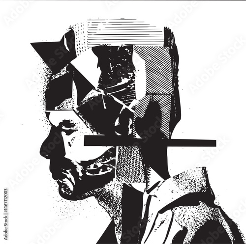 A grayscale portrait of a man’s face fragmented into geometric shapes.