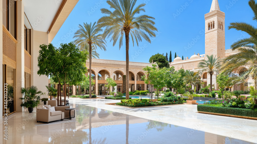 Fototapeta premium A serene courtyard adorned with lush palm trees offering a glimpse into cultural heritage and tranquil surroundings