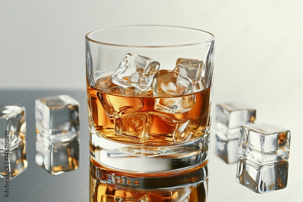 Whiskey glass with crystal-clear ice cubes on reflective golden surface under warm light Whiskey glass with crystal-clear ice cubes on reflective golden surface under warm light