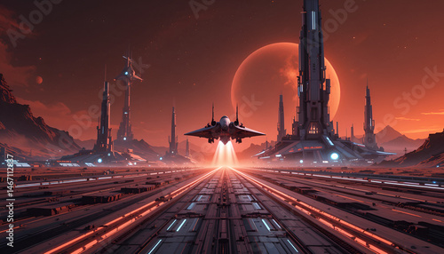 Futuristic Spaceport on Mars with Sleek Ships and Towering Control Structures at Dusk