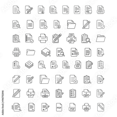 set of paper documents and clipboard icons thin line style. quality control, checklist, clipboard document page with check mark, magnifying glass, pencil icon, on white background