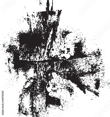 A distressed fragmented of a face emerges from chaotic black and white textures.