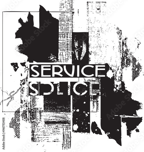 A distressed black and white displays the word ‘SERVICE’ overlaid on a fragmented textured surface.