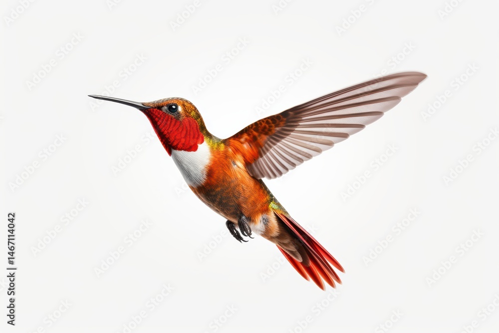 Fototapeta premium A vibrant rufous hummingbird in flight showcasing its iridescent feathers against a pure white