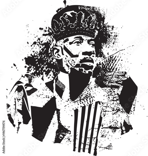 A regal man with a crown gazes intently forward.