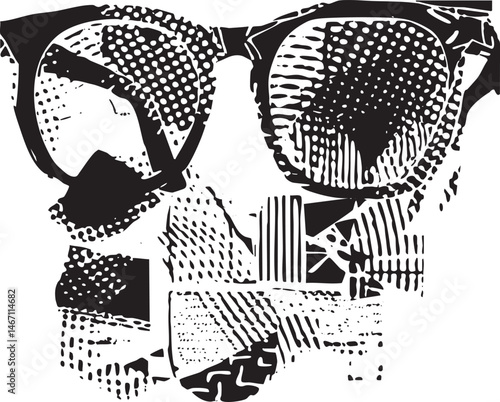 Black and white of sunglasses reflecting a skull.