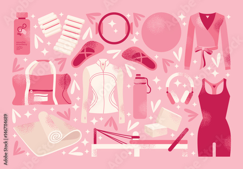 Pilates girl and yoga equipment reformer, mat, pilates ring, ball, blocks, water bottle, smoothie, resistance bands, headphones, gym bag, and activewear. Vector illustration isolated pink background