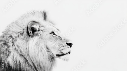 Majestic male lion profile in monochrome, isolated on white background.