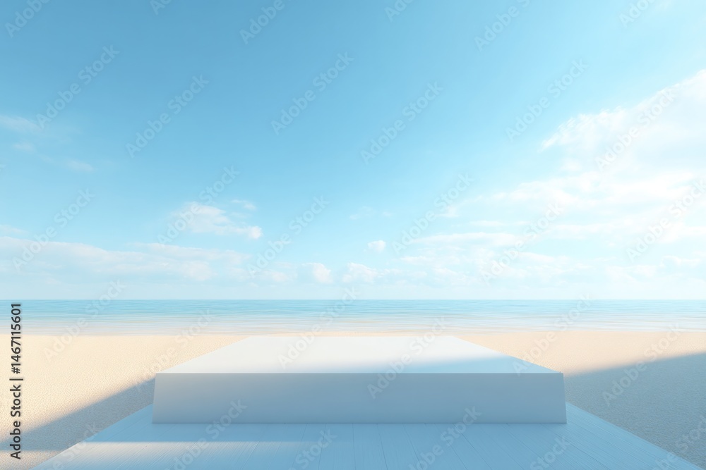 empty 3d-rendered podium is set on tranquil beach offering serene blend of nature and design elegance empty 3d-rendered podium is set on tranquil beach offering serene blend of nature and design elegance