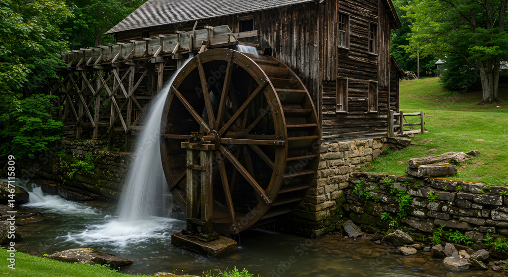Scenic Old Mill With Waterwheel Generating Power From Flowing River Scenic Old Mill With Waterwheel Generating Power From Flowing River
