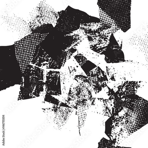 Fragmented black and white shapes collide in a dynamic composition.
