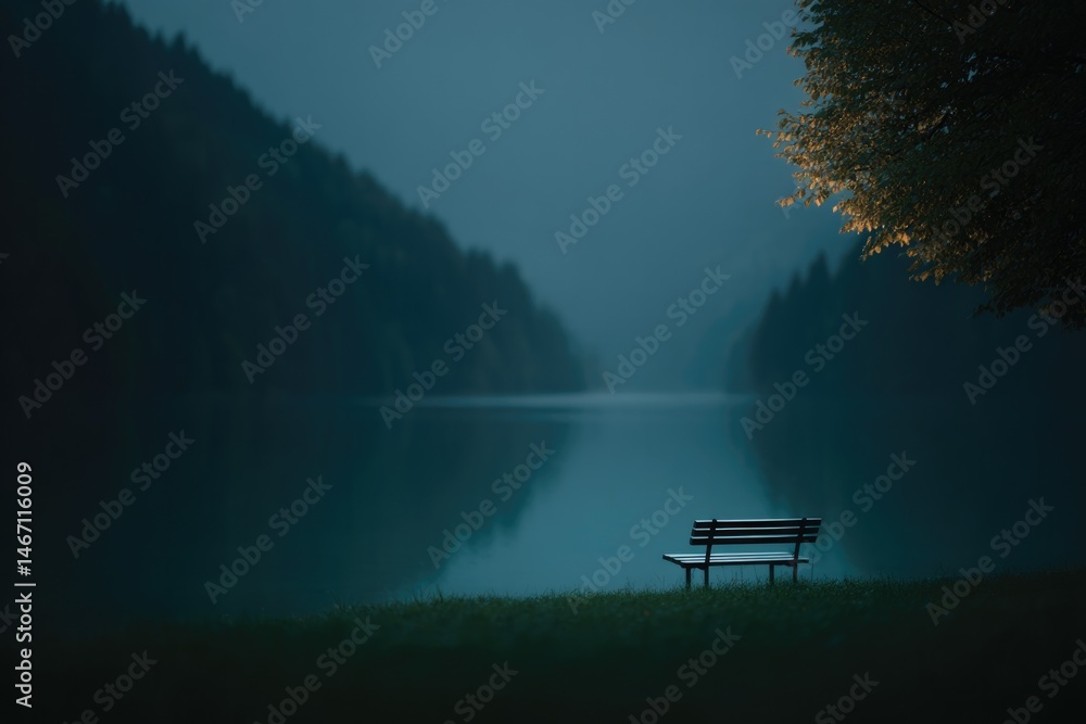 Obraz premium empty bench sits quietly beside tranquil lake pensive mood enveloping scene perfect minimalistic atmosphere
