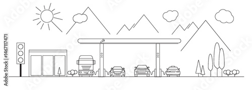 refueling gas station on travel route with mountains, with different cars and other vehicles, linear graphic.Eps 10