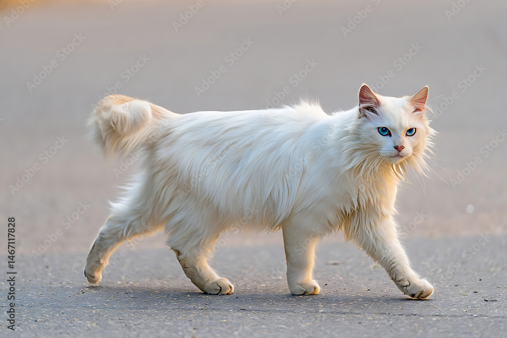 Graceful Stroll: A Fluffy Cat with Blue Eyes and a Poofy Tail Walking Forward Graceful Stroll: A Fluffy Cat with Blue Eyes and a Poofy Tail Walking Forward