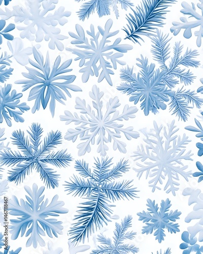 A seamless pattern featuring various shades of blue snowflakes and pine branches on a white background