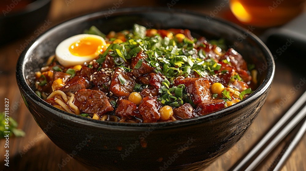 Hearty bowl of savory noodles with tender meat, a soft egg, and crunchy toppings Hearty bowl of savory noodles with tender meat, a soft egg, and crunchy toppings