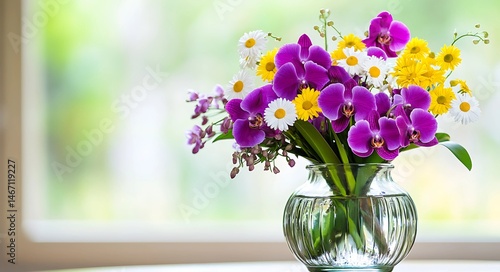 Spring Floral Arrangement in Glass Vase with Orchids and Daisies for Bright Interior Decor.