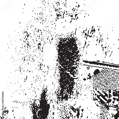 A textured black and white depicts a handprint on a rough surface.