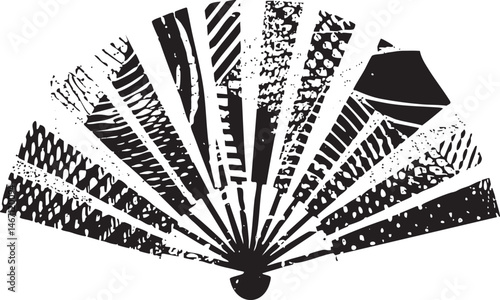 A stylized black and white fan unfolds revealing intricate geometric .