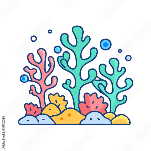Coral reef illustration with sea plants and bubbles underwater marine life ecosystem design art