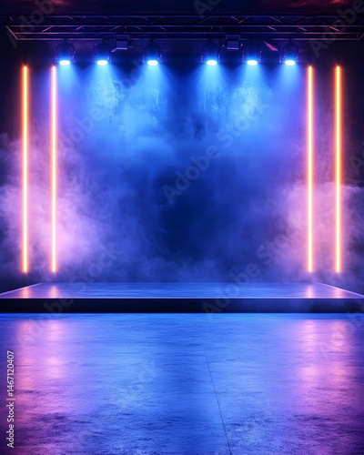 Neon-lit stage with smoke, vibrant blue and pink hues