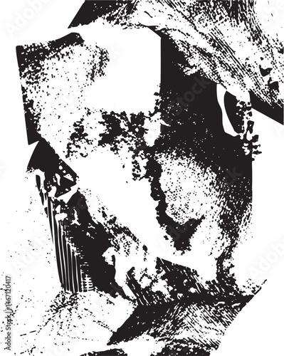 A distressed face emerges from fragmented black and white textures.