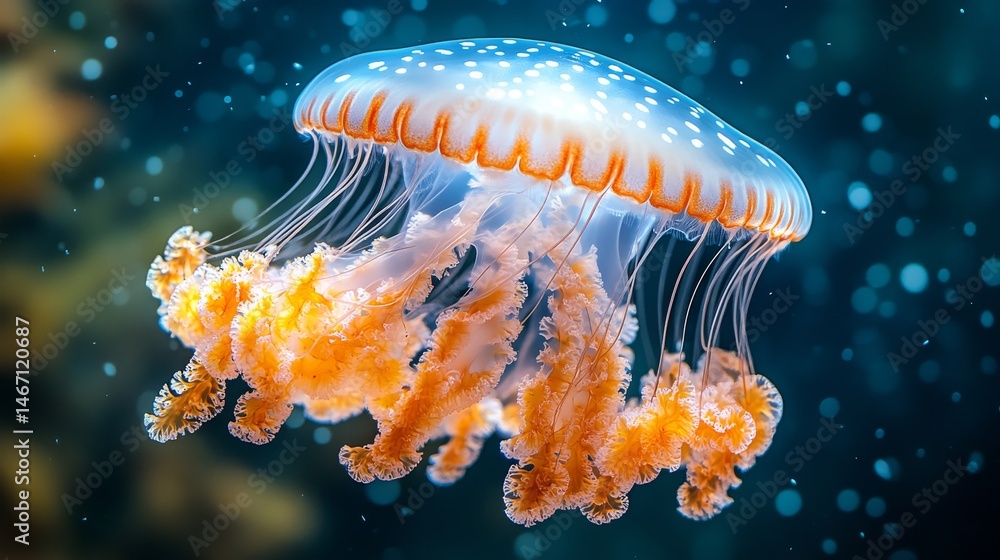 An orange and white jellyfish with long tentacles floats in dark blue water. An orange and white jellyfish with long tentacles floats in dark blue water.