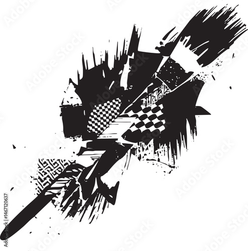 A stylized black and white depicts a racing car speeding towards a checkered flag.