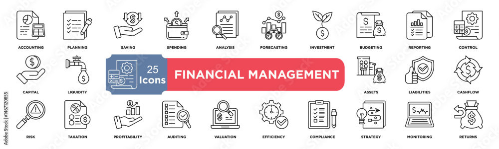 financial management icon collection set. Containing budgeting,accounting,investment,planning,forecasting,analysis,reporting,saving,spending,control and more icon. Simple line vector. financial management icon collection set. Containing budgeting,accounting,investment,planning,forecasting,analysis,reporting,saving,spending,control and more icon. Simple line vector.