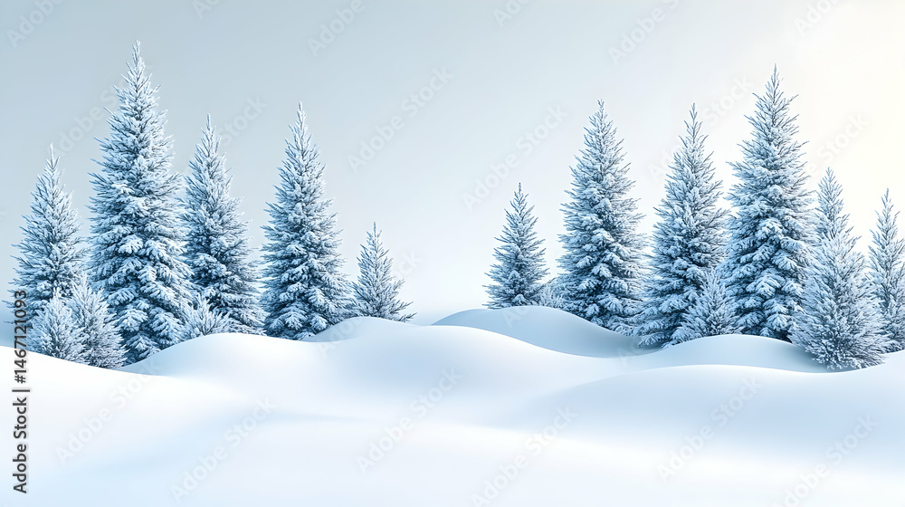 Snow-covered evergreens stand majestically on gently rolling hills under a soft, bright sky Snow-covered evergreens stand majestically on gently rolling hills under a soft, bright sky