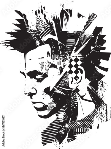 A striking black and white portrait of a woman with intense eyes and elaborate hair .